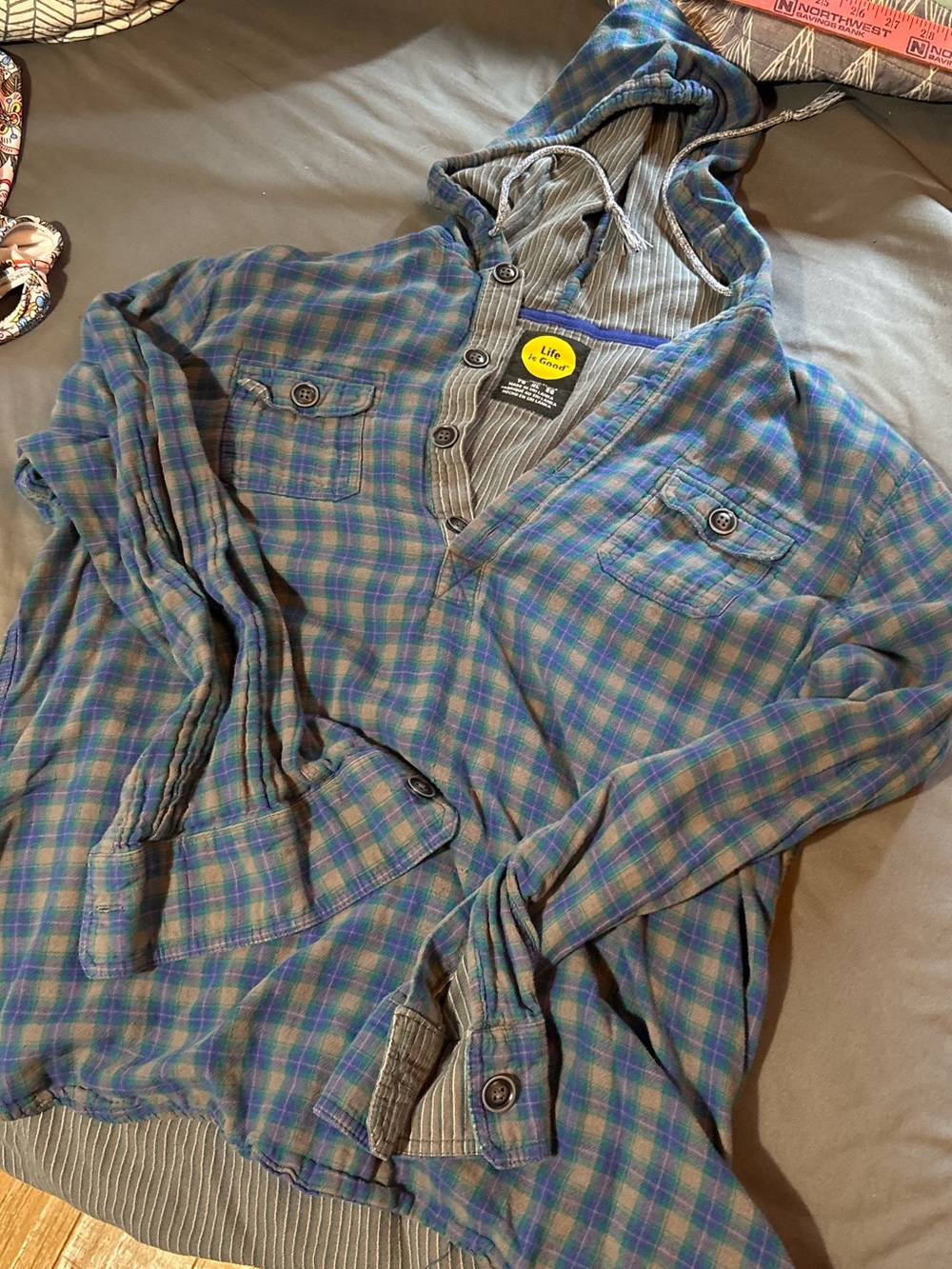 Life is good Plaid Hooded Button Pullover -hoodie shirt jacket